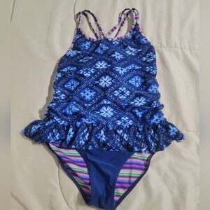 Girls Blue Ruffle One-Piece Swim Suit - Size 10